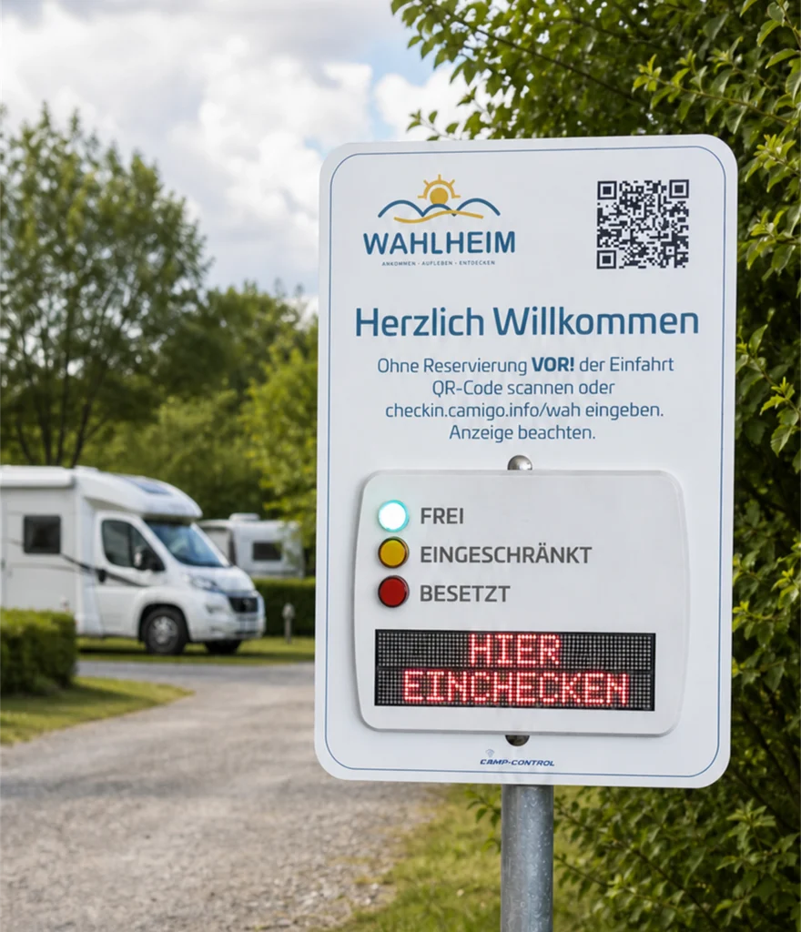 Camp Control Check-in vor der Einfahrt am unparzellierten Stellplatz