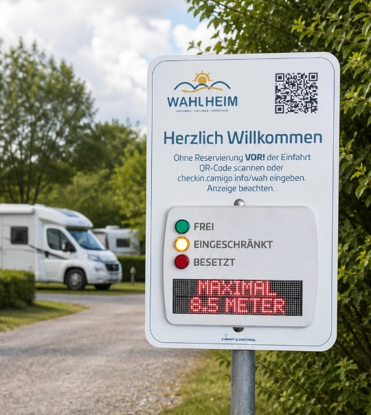 Camp Control Verkehrs-Leitsystem an einem unparzellierten Reisemobil-Stellplatz
