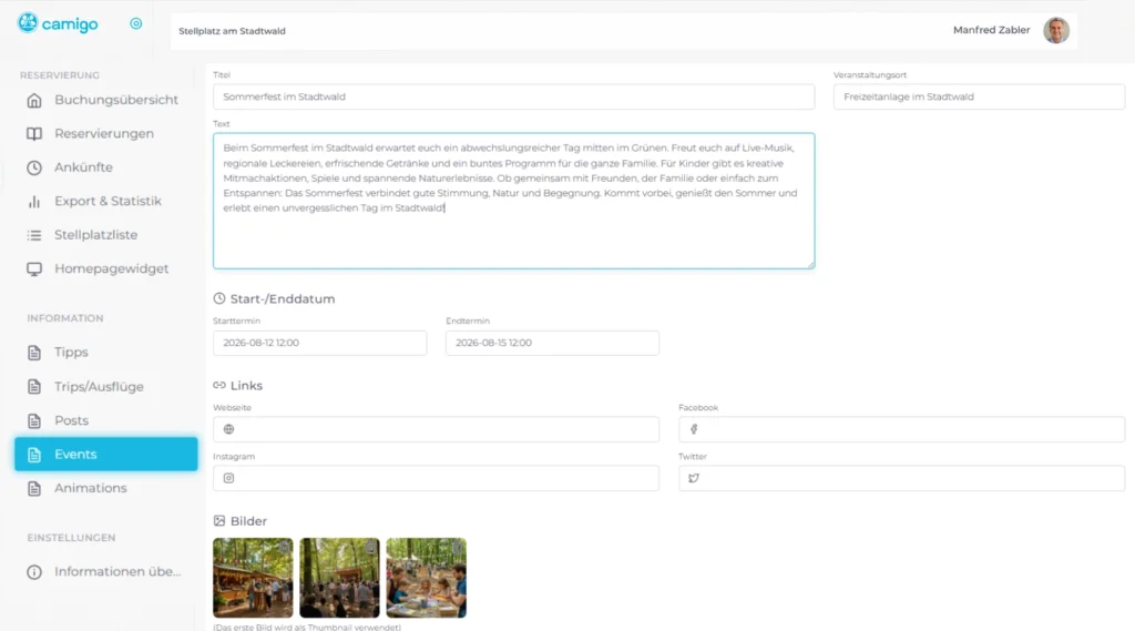 Content-Management der Platzinformationen in der camigo Software